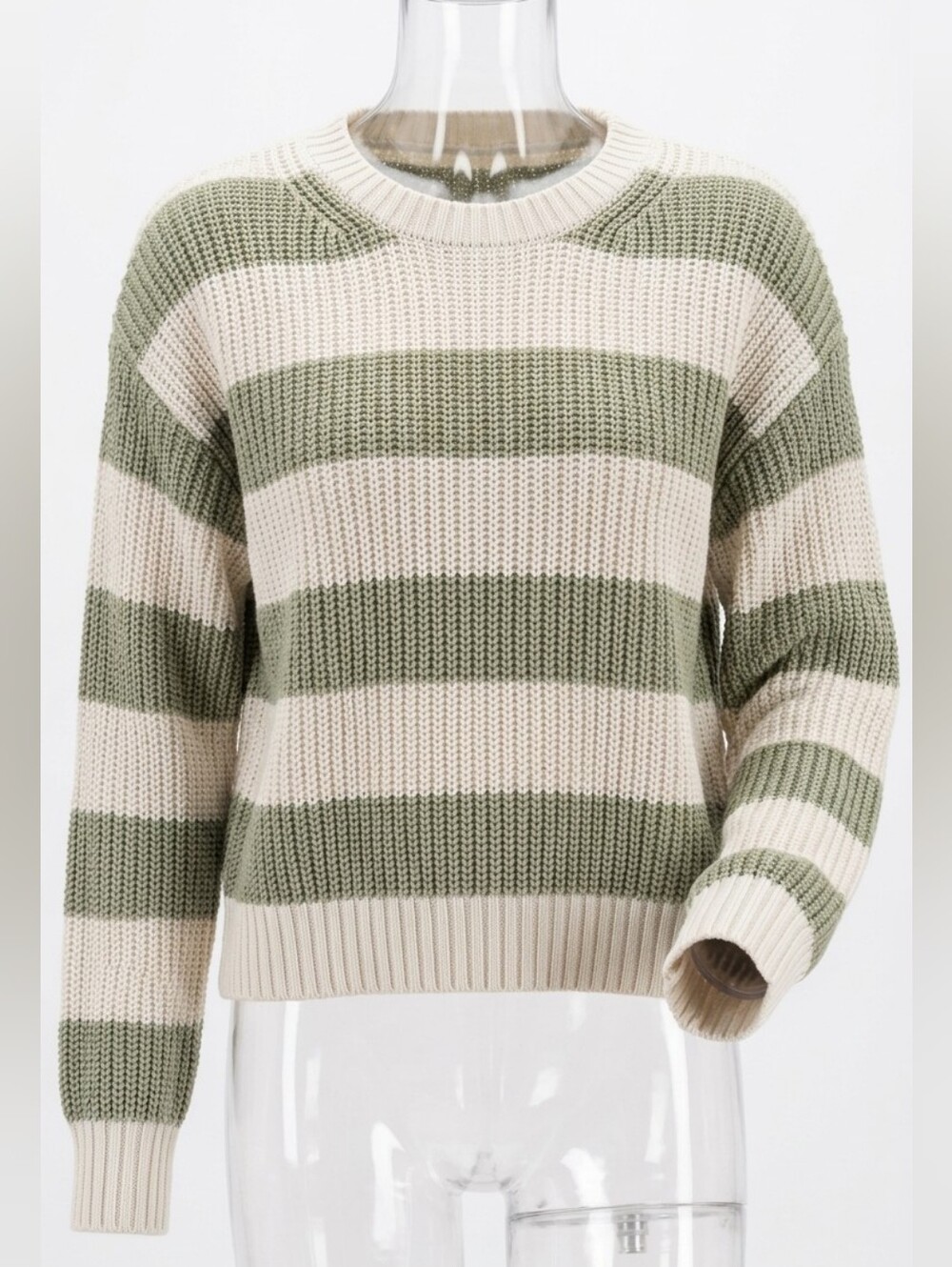 Sage Green & Cream Striped Chunky Knit Cropped Sweater Size
